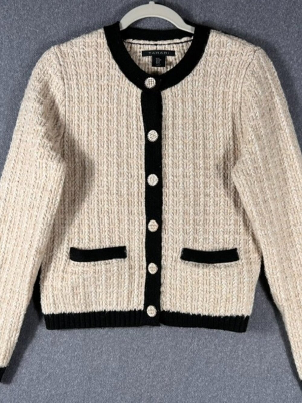 Tahari Textured Knit Cardigan Womens Sz Medium Cream Black Trim w/ Pearl Buttons